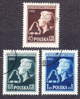 POĽSKO 1954, Michel 879-881, razená séria. SKLADATEĽ F. CHOPIN.