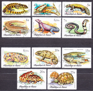 GUINEA 1977, Michel 782-792, razená séria. HADY, PLAZY., OBOJŽIVELNÍKY.