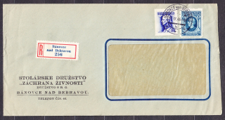 SLOVENSKÝ ŠTÁT 1944, doporučená obálka. STOLÁRSKE DRUŽSTVO " ZÁCHRANA ŽIVNOSTÍ ",  DRUŽSTVO S.R.O. - BÁNOVCE NAD BEBRAVOU.