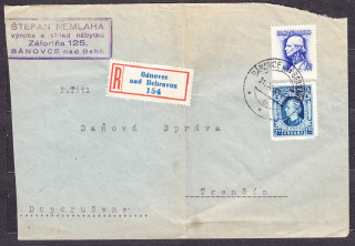 SLOVENSKÝ ŠTÁT 1944, doporučená obálka. VÝROBA A SKLAD NÁBYTKU, ŠTEFAN NEMLAHA - BÁNOVCE NAD BEBRAVOU.