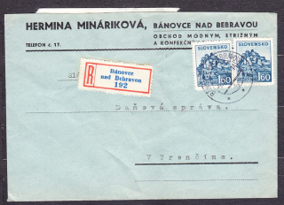 SLOVENSKÝ ŠTÁT 1944, doporučená obálka. OBCHOD S MÓDNYM A STRIŽNÝM TOVAROM, HERMINA MINÁRIKOVÁ - BÁNOVCE NAD BEBRAVOU.