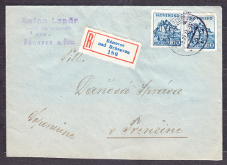 SLOVENSKÝ ŠTÁT 1944, doporučená obálka. PODNIK PRE SPRACOVANIE DREVA, ANTON LAPÁR - BÁNOVCE NAD BEBRAVOU.