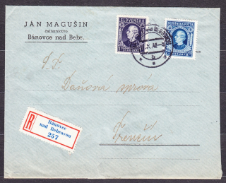 SLOVENSKÝ ŠTÁT 1942, doporučená obálka. ČALÚNNICTVO, JÁN MAGUŠIN - BÁNOVCE NAD BEBRAVOU.