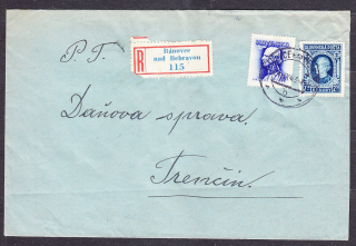 SLOVENSKÝ ŠTÁT 1943, doporučená obálka. STOLÁRSTVO, VDOVA JUSTÍNA ŠANDRIKOVÁ - BÁNOVCE NAD BEBRAVOU.