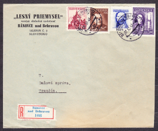 SLOVENSKÝ ŠTÁT 1943, doporučená obálka. LESNÝ PRIEMYSEL, VEREJNÁ OBCHODNÁ SPOLOČNOSŤ - BÁNOVCE NAD BEBRAVOU.