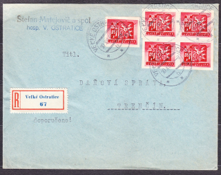 ČSSR 1945, doporučená obálka. HOSPODÁRSTVO, ŠTEFAN MATEJOVIČ A SPOL. - VEĽKÉ OSTRATICE.
