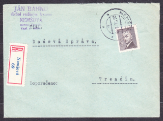 ČSSR 1948, doporučená obálka. OBCHOD S ROZLIČNÝM TOVAROM, JÁN BAHNO - NEMŠOVÁ.