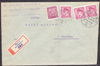 ČSR 1936, doporučená obálka. ADVOKÁTI, DR. A. WRANOVICH A DR. V. WINTERSTEIN - BÁNOVCE NAD BEBRAVOU.