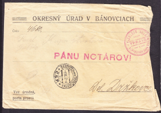 ČSR 1927, úradná obálka. OKRESNÝ ÚRAD - BÁNOVCE.