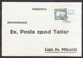 ČSR 1932, poštový lístok. EVANJELICKÝ POSOL - SLATINA NAD BEBRAVOU.