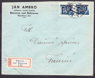 ČSSR 1945, obálka. STOLÁRSTVO, VÝROBA NÁBYTKU, JÁN AMBRO - BÁNOVCE NAD BEBRAVOU.