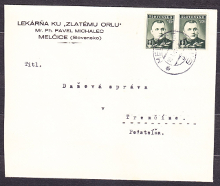 SLOVENSKÝ ŠTÁT 1941, obálka. LEKÁRŇA KU ZLATÉMU ORLU, PAVEL MICHALEC - MELČICE.