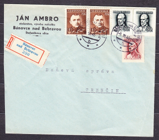 SLOVENSKÝ ŠTÁT 1945, doporučená obálka. STOLÁRSTVO, VÝROBA NÁBYTKU, JÁN AMBRO - BÁNOVCE NAD BEBRAVOU.