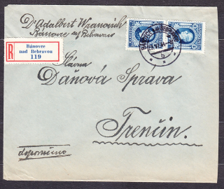 SLOVENSKÝ ŠTÁT 1943, doporučená obálka. ADVOKÁT, ADALBERT WRANOVICH - BÁNOVCE NAD BEBRAVOU.