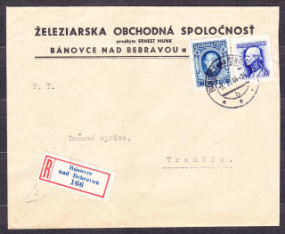 SLOVENSKÝ ŠTÁT 1944, doporučená obálka. ŽELEZIARSKA OBCHODNÁ SPOLOČNOSŤ - BÁNOVCE NAD BEBRAVOU.