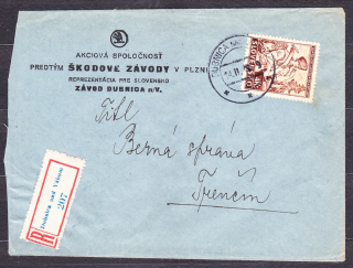SLOVENSKÝ ŠTÁT 1945, doporučená obálka. AKCIOVÁ SPOLOČNOSŤ, PREDTÝM ŠKODOVE ZÁVODY - DUBNICA NAD VÁHOM.