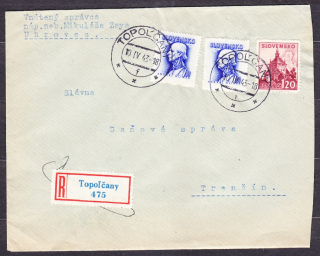 SLOVENSKÝ ŠTÁT 1943, doporučená obálka. VNÚTENÝ SPRÁVCA NEBOHÉHO GRÓFA MIKULÁŠA ZAYA - UHROVEC, POŠTA TOPOĽČANY.
