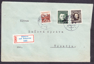 SLOVENSKÝ ŠTÁT 1942, doporučená obálka. PEKÁR, JÁN RUSNOK - BÁNOVCE NAD BEBRAVOU.