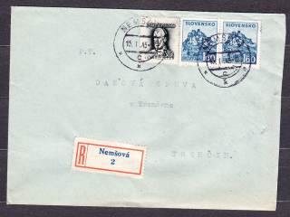 SLOVENSKÝ ŠTÁT 1945, doporučená obálka. SKLENÁRSTVO, ŠTEFAN ĎURMEK - NEMŠOVÁ.