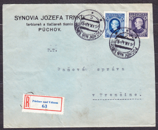 SLOVENSKÝ ŠTÁT 1942, doporučená obálka. FARBIAREŇ A TLAČIAREŇ TKANÍV, SYNOVIA JOZEFA TRNKU - PÚCHOV.