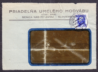 SLOVENSKÝ ŠTÁT 1944, obálka. IBA PREDNÁ STRANA OBÁLKY ! PRIADEĽŇA UMELÉHO HODVÁBU - SENICA.