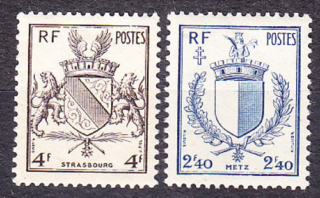 FRANCÚZSKO 1945, Michel 707-708, ** čistá séria. ERBY - OSLOBODENIE MIEST.
