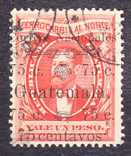 GUATEMALA 1886, Michel 28, razená. PRETLAČ NA ŽELEZNIČNEJ ZNÁMKE.