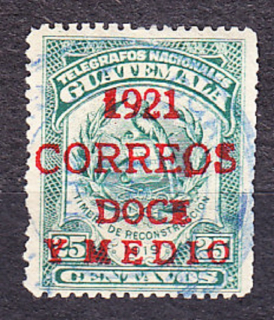 GUATEMALA 1921, Michel 166, razená. TELEGRAFNÉ. VTÁK QUETZAL - PRETLAČ.