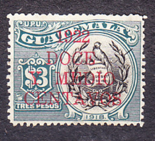 GUATEMALA 1922, Michel 173, razená. VTÁK QUETZAL - PRETLAČ.