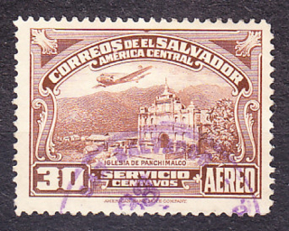 SALVADOR 1937, Michel 545, razená. LIETADLO NAD KOSTOLOM.