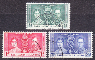 FALKLAND ISLANDS 1937, Michel 75-77, razená séria. KOLÓNIE. KRÁĽ GEORGE VI. - KORUNOVÁCIA.