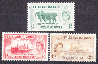 FALKLAND ISLANDS 1955, Michel 117-118, 120, razené. KOLÓNIE. KRÁĽOVNÁ ALŽBETA II. - OVCE, LODE.