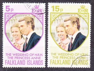 FALKLAND ISLANDS 1973, Michel 220-221, razená séria. KOLÓNIE. SVATBA PRINCEZNY ANNY.