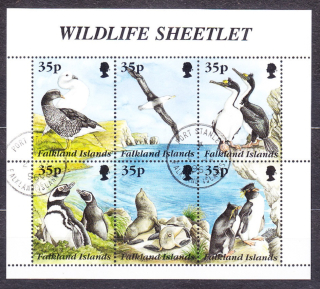 FALKLAND ISLANDS 1995, Michel 653-658, razená séria v tlačovom liste. KOLÓNIE. VTÁCTVO, ZVIERATÁ.
