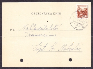 SLOVENSKÝ ŠTÁT 1944, poštový lístok. KNÍHKUPECTVO, PAPIERNICTVO, NOVINÁRSTVO F. KRAUS - ZVOLEN.