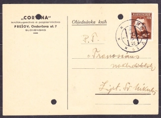 SLOVENSKÝ ŠTÁT 1942, poštový lístok. KNÍHKUPECTVO A PAPIERNICTVO CORVINA - PREŠOV.