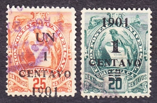 GUATEMALA 1901, Michel 105-106, razené. VTÁK QUETZAL - PRETLAČE.