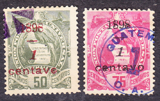 GUATEMALA 1898, Michel 74-75, razené. VTÁK QUETZAL - PRETLAČE.
