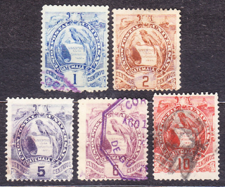 GUATEMALA 1887, Michel 43-47, razené. VTÁK QUETZAL.