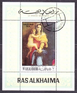 RAS AL KHAIMA 1970, Michel Block 93, razený hárček. MAĽBY - A. DEL SARTO, MADONNA, VIANOCE.