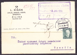 ČSR 1934, poštový lístok. UHLIE, DREVO, KOKS, ŠPEDÍCIA, L. RIGÁN - ŽILINA.