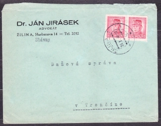 ČSSR 1948, firemná obálka. ADVOKÁT, Dr. JÁN JIRÁSEK - ŽILINA.