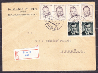 ČSSR 1951, doporučená obálka. ADVOKÁT, Dr. ALADÁR FEITL - TRNAVA.