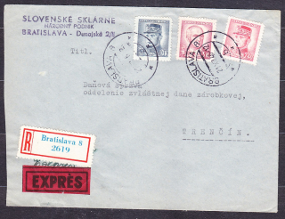 ČSSR 1946, doporučená obálka + EXPRES. SLOVENSKÉ SKLÁRNE, NÁRODNÝ PODNIK - BRATISLAVA.