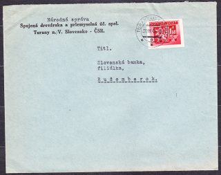 ČSSR 1945, obálka. NÁRODNÁ SPRÁVA - SPOJENÁ DREVÁRSKA A PRIEMYSELNÁ SPOLOČNOSŤ - TURANY NAD VÁHOM.