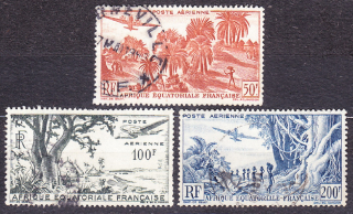 FRANCÚZSKA ROVNÍKOVÁ AFRIKA 1947, Michel 281-283, razená séria. KOLÓNIE. LETECKÉ - KRAJINY.