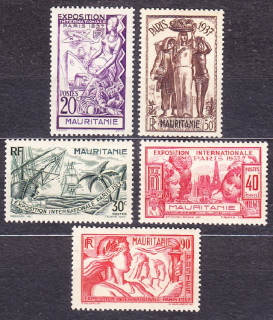 MAURITÁNIA 1937, Michel 70-74, * čisté. KOLÓNIE. SVETOVÁ VÝSTAVA V PARÍŽI.