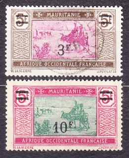 MAURITÁNIA 1922, Michel 43-44, razená + čistá bez lepu. KOLÓNIE. JAZDEC NA ZEBU NA CESTE CEZ PÚŠŤ - PRETLAČE.