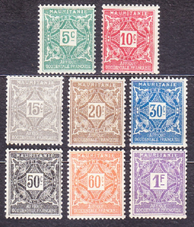 MAURITÁNIA 1914, Michel 9-16, * čistá séria. KOLÓNIE. DOPLATNÉ. ORNAMENTY, ČÍSLICE.