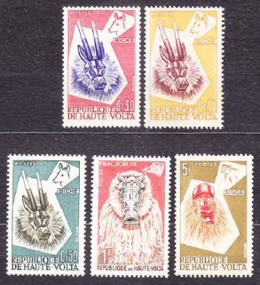HORNÁ VOLTA 1960, Michel 71-74, 77, **/* čisté. ZVIERACIE MASKY.